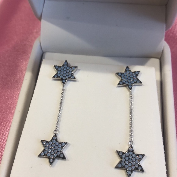Stunning Blue Opalescent Double Star Sterling Silver Drop Earrings-Boutique - Picture 6 of 11